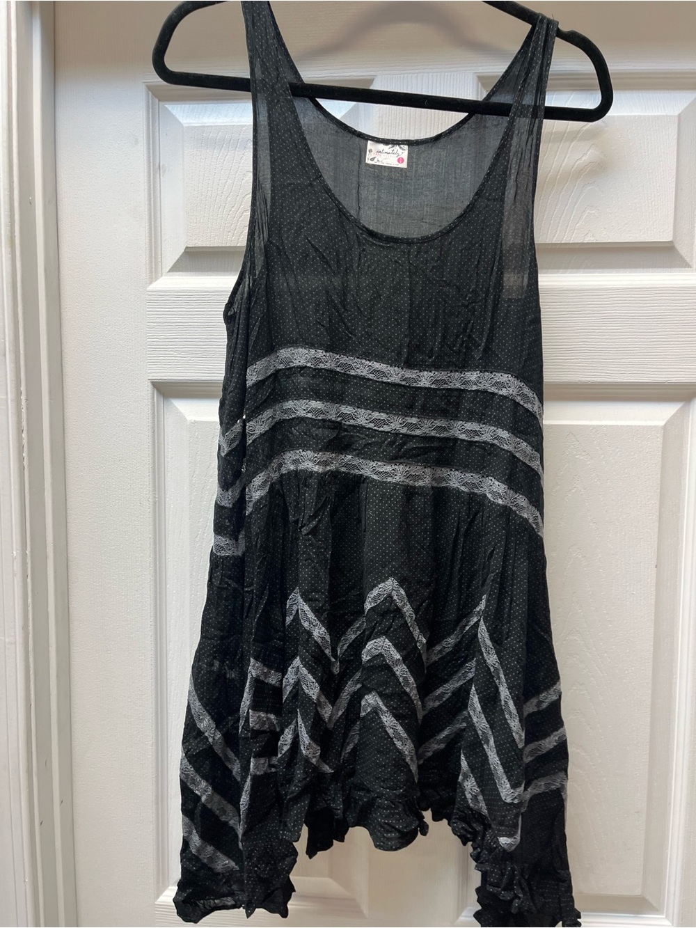 Free People Black Mesh Mini Dress with Silver Lace Stripes